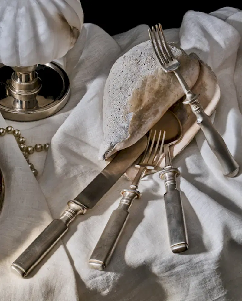 RW GUILD Bone Flatware Collection in Patinated Silver